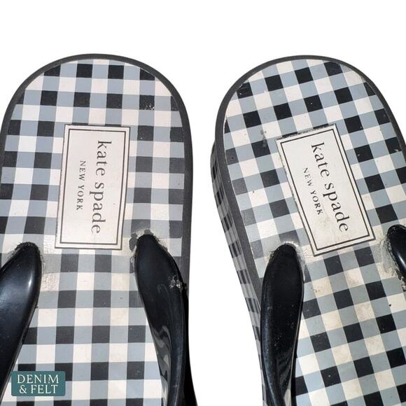 Kate Spade Rina Wedge Flip Flops Black Gingham Bow Sandals Size 7B Women’s - Picture 9 of 14